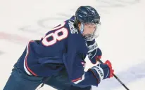  ?? STEW MILNE/AP ?? Uconn’s Ryan Tverberg, shown here in action from earlier in the season, scored with five seconds remaining force a tie with Providence in a Hockey East game on Saturday night.