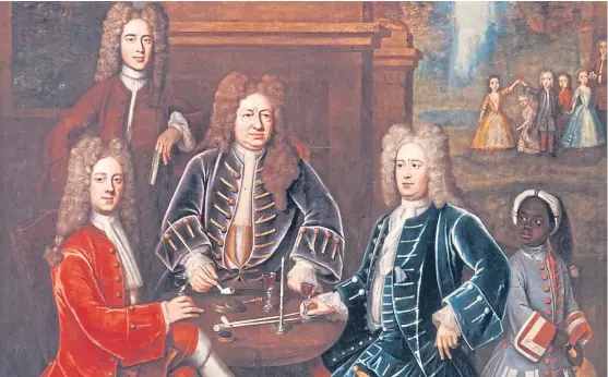  ?? Picture: Granger/REX/ Shuttersto­ck ?? An example of slavery in the UK: a page with, from left, the second Duke Of Devonshire, Lord Cavendish (standing), Elihu Yale and a Mr Tunstal.