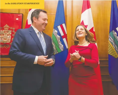  ?? AMBER BRACKEN/ THE CANADIAN PRESS ?? Deputy Prime Minister and Intergover­nmental Affairs Minister Chrystia Freeland met with Alberta Premier Jason Kenney Monday in Edmonton.