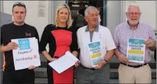  ?? Photo by Fergus Dennehy. ?? Ristárd Ó Fuaráin, Toiréasa Ferris, Martin Ferris and Cllr Robert Beasley pictured at the Irish Language ATM protest on Castle Street last week.