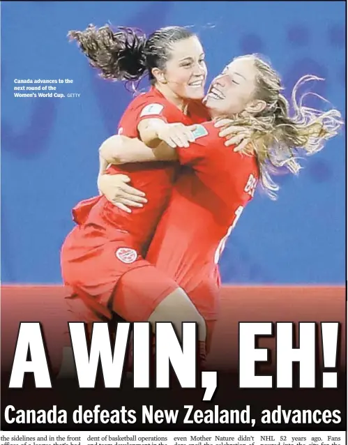  ?? GETTY ?? Canada advances to the next round of the Women's World Cup.