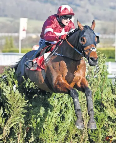  ??  ?? Fairytale finish: Keith Donoghue on Tiger Roll comes home to win the Cross Country Chase