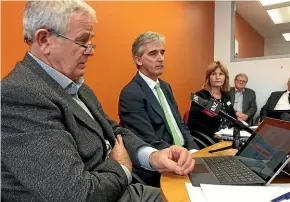  ?? MARTIN DE RUYTER/STUFF ?? Waimea Irrigators Ltd strategic adviser John Palmer, Tasman Mayor Richard Kempthorne and Tasman District Council chief executive Janine Dowding at a media briefing on the proposed Waimea dam.