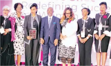  ?? ?? Mohammed Adama ( left); Mercy Ijato Agada; keynote speaker, Bolanle Austen- Peters; Attorney General of Lagos State, Lawal Pedro ( SAN); chairperso­n, NBAWF, Chinyere Okorocha; NBAWF conference planning chair, Folashade Alli ( SAN) and Irene Ini Pepple during the NBAWF conference in Lagos.