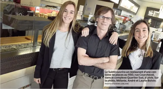  ??  ?? Le Subtil ouvrira un restaurant d’une centaine de places au 1150, rue Courchevel, dans le complexe Quartier Sud, à Lévis. Sur la photo, Mélanie, André et Laurie Boivin.