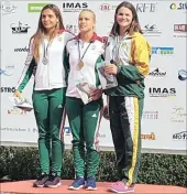  ??  ?? MEDAL WINNERS: On the junior girls’ K1 podium are, from left, silver medallist Noemi Pupp, gold medallist Viktoria Nagy and bronze medallist Kyeta Purchase.