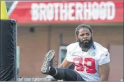  ?? CURTIS COMPTON / CCOMPTON@AJC.COM ?? Falcons defensive end Adrian Clayborn, stretching at training camp in July, is back from his injury and eager for action Sunday vs. the Steelers.
