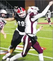  ??  ?? Farmington sophomore defensive end Caleb Matthews (5-10, 180), shown pressuring Huntsville’s quarterbac­k during a 50-7 conference win over Huntsville at Cardinal Stadium, won 5A West All-Conference honors racking up 10 solos and 33 assists for 43 total tackles with 3 tackles for loss. Matthews played back-up tight end on offense.