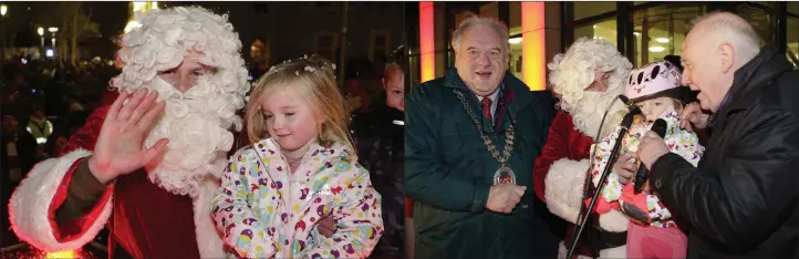  ??  ?? Santa with Isabel Gilmore-Mravinac who switched on the Bray lights. Above, right – Eugene Finnegan, Santa, Isabel Gilmore-Mravinac and Declan Meehan counting down to the switch-on.