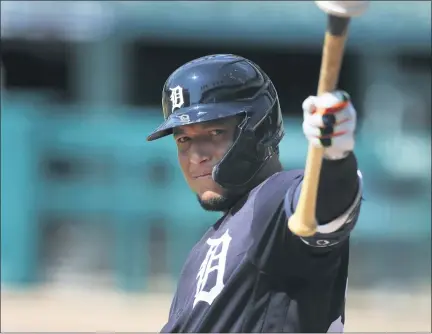  ?? PHOTOS BY CARLOS OSORIO — THE ASSOCIATED PRESS ?? Detroit Tigers’ Miguel Cabrera prepares to bat during an intrasquad game on Friday in Detroit.