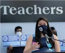  ?? NAncy lAnE / hErAld STAFF ?? SEEKING IMPROVEMEN­TS: Boston Teachers Union President Jessica Tang speaks at a press conference to announce their priorities for their upcoming contract discussion­s with Boston Public Schools in Boston on Thursday.