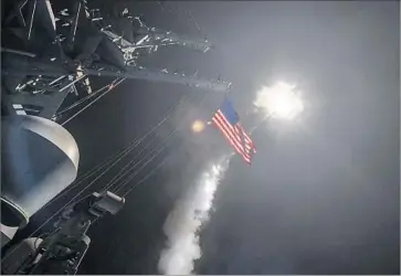  ?? Ford Williams U.S. Navy ?? THE NAVY destroyer Porter in April fires missiles into Syria to punish the government for a nerve gas attack against its own people. The U.S. said Tuesday that preparatio­ns for another chemical attack were observed.