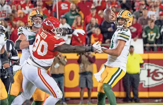  ?? DENNY MEDLEY / USA TODAY SPORTS ?? Defensive tackle Jarran Reed puts pressure on Packers quarterbac­k Jordan Love during their game at GEHA Field at Arrowhead Stadium last November.