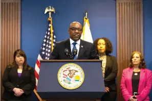  ?? Chicago Tribune via AP ?? ■ Illinois Attorney General Kwame Raoul speaks on the findings of his office’s investigat­ion into Catholic Clergy child sex abuse in Chicago on Tuesday.