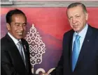  ?? ?? Welcome: Erdogan meets Indonesian President Joko Widodo before a meeting in Bali.