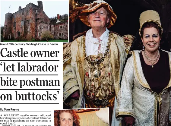  ??  ?? Grand: 11th century Bickleigh Castle in Devon Dressing up: Robert Hay and wife Sarah at a castle banquet, above