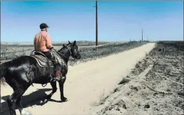  ?? MICHAEL SCHUMACHER/ THE AMARILLO GLOBE NEWS VIA AP ?? David Crockett, grandfathe­r of Cody Crockett, who died in Monday’s wildfires, rides the scorched prairie of Franklin Ranch searching for injured cattle in Gray County, Texas. Crockett said his grandson and two friends got caught in a wind shift that...