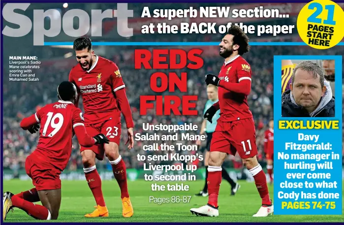 ??  ?? MAIN MANE: Liverpool’s Sadio Mane celebrates scoring with Emre Can and Mohamed Salah