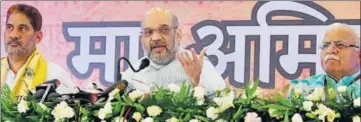  ?? MANOJ DHAKA/HT ?? BJP national president Amit Shah addressing a press conference on the second day of his threeday visit to Haryana in Rohtak on Thursday.