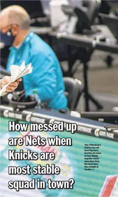  ?? AP ?? Tom Thibodeau’s Knicks may not have big stars, but they do seem to have things together much more than Nets, the team they face tonight at Garden.