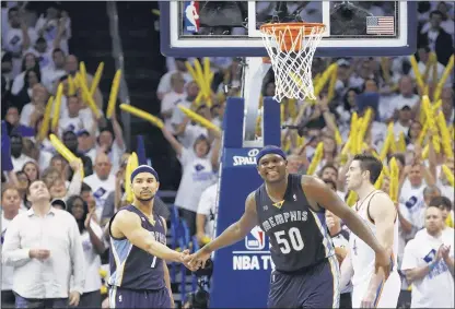  ?? SUE OGROCKI / ASSOCIATED PRESS ?? Grizzlies forward Zach Randolph (right), with Jerryd Bayless in last year’s Western Conference semifinals against Oklahoma City, knows the Thunder will be psyched for its opening-round playoff series against Memphis. “We’re both teams that know we can...