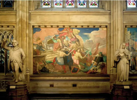  ??  ?? Below: Colin Gill’s mural (1925–27) shows Alfred the Great, self-styled “King of the AngloSaxon­s”, defeating a Danish fleet at Swanage Bay in 877
