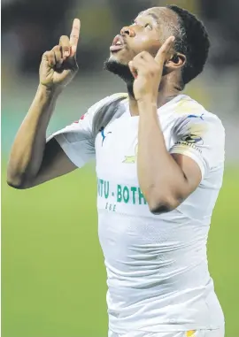  ?? Picture: Gallo Images ?? STRIKE TWO. Sibusiso Vilakazi of Mamelodi Sundowns celebrates scoring during the Absa Premiershi­p match against AmaZulu at King Zwelithini Stadium in Umlazi yesterday.