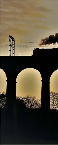  ?? L.W. RegaRdsoe ?? weak winter morning light highlights the arches of Digswell Viaduct, welwyn, as Tornado chatters north to york with the December 14 ‘Christmas white rose’, chartered by the railway touring Company.