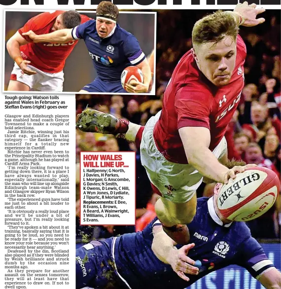  ??  ?? Tough going: Watson toils against Wales in February as Steffan Evans (right) goes over