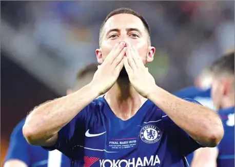  ??  ?? Chelsea’s Belgian midfielder Eden Hazard celebrates after scoring a goal during the Uefa Europa League final football match between Chelsea and Arsenal at the Baku Olympic Stadium in Baku, Azerbaijia­n, on Wednesday.