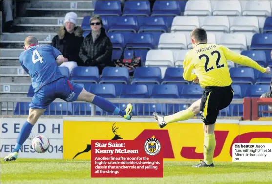  ??  ?? Weekend results
Ya beauty Jason Naismith (right) fires St Mirren in front early on
