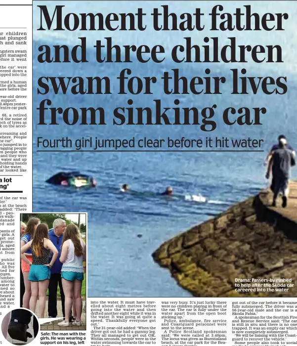  ??  ?? Safe: The man with the girls. He was wearing a support on his leg, left Drama: Passers-by rushed to help after the Skoda car careered into the water