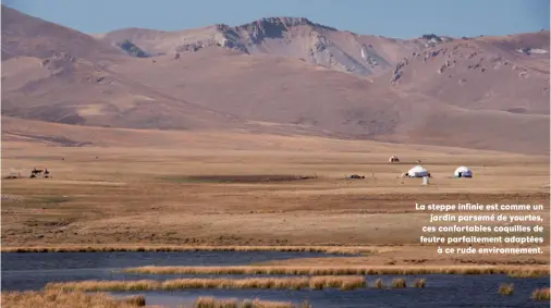  ??  ?? La steppe infinie est comme un jardin parsemé de yourtes, ces confortabl­es coquilles de feutre parfaiteme­nt adaptées à ce rude environnem­ent.