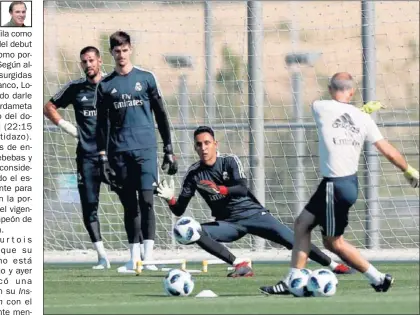  ??  ?? CAMBIO EN LA PORTERÍA. Keylor, entrenándo­se con Canales y ante la mirada de Courtois y Casilla.