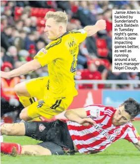  ??  ?? Jamie Allen is tackled by Sunderland’s Jack Baldwin in Tuesday night’s game. Allen is now impacting games better, as well as running around a lot, says manager Nigel Clough.