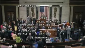  ?? HOUSE TELEVISION VIA THE ASSOCIATED PRESS ?? In this image from House Television, the final total on the vote on the Republican­s health care bill is displayed at the Capitol in Washington on Thursday. It’s “Trumpcare” now, and Republican­s have to answer for it. After dozens of symbolic votes,...