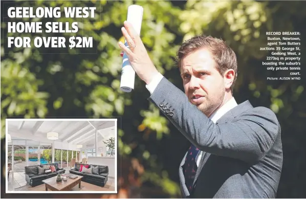  ?? Picture: ALISON WYND ?? RECORD BREAKER: Buxton, Newtown, agent Tom Butters auctions 39 George St, Geelong West, a 2273sq m property boasting the suburb’s only private tennis court.