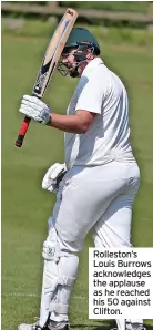  ?? ?? Rolleston’s Louis Burrows acknowledg­es the applause as he reached his 50 against Clifton.