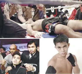  ?? FILE PHOTO ?? ■BALIK-LANTAW. Mga hulagway sa kanhi sikat nga boksidor sa Sugbo nga si Z Gorres niadtong iyang panahon ug ingon man sa kalit ug wala damha nga pagtuldok sa iyang boxing career, lakip niini mao ang pagpakigki­ta ni Filipino boxing superstar Manny Pacquiao pila ka adlaw gikan iyang pagkahitab­o.