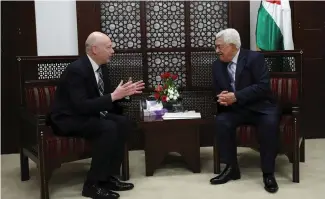  ?? (Mohamad Torokman/Reuters) ?? PALESTINIA­N AUTHORITY President Mahmoud Abbas meets with US Middle East envoy Jason Greenblatt, in Ramallah, last year.