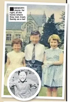  ??  ?? ■ MEMORY: Jayne, far right, at the home where they met. Inset, Sandy as a lad