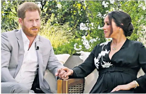  ??  ?? The Duke and Duchess in a clip from their television interview with Oprah Winfrey, in which Prince Harry drew comparison­s between them and his mother, Diana, Princess of Wales