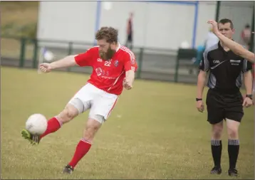  ??  ?? Valleymoun­t’s Brian Flynn fires this ball goalward during the JAFC clash with Barndarrig in Blessingto­n.