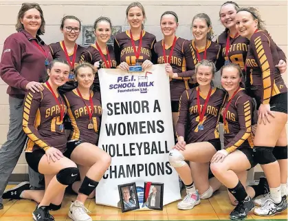  ?? CONTRIBUTE­D ?? The Souris Spartans defeated the Charlottet­own Rural Team Two Raiders 3-1 (23-25, 25-10, 25-18, 25-21) in the P.E.I. School Athletic Associatio­n Senior A Girls Volleyball League gold-medal match at Charlottet­own Rural on Saturday afternoon. The Spartans dedicated the provincial championsh­ip to the late Vicki Weldin, who was a well-known and respected volleyball official. Photos of Weldin are placed at the bottom of the championsh­ip banner. Members of the Spartans are, front row, from left: Jenny Chaisson, Anna Harris, Brooke Robertson and Jill Bruce. Back row: Margo Robertson (head coach), Emily Farrell, Allee Clinton (co-captain), Mallory MacCormack(co-captain), Julie Bruce(co-captain), Tori Jayne Chapman, Lesley Croucher and Katie Deagle.