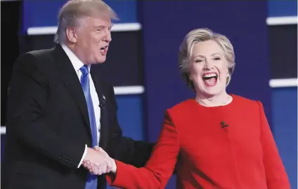  ?? Picture: AFP ?? SHAKE ON IT. Donald Trump and Hillary Clinton shake hands after the Presidenti­al Debate at Hofstra University in Hempstead, New York, yesterday.