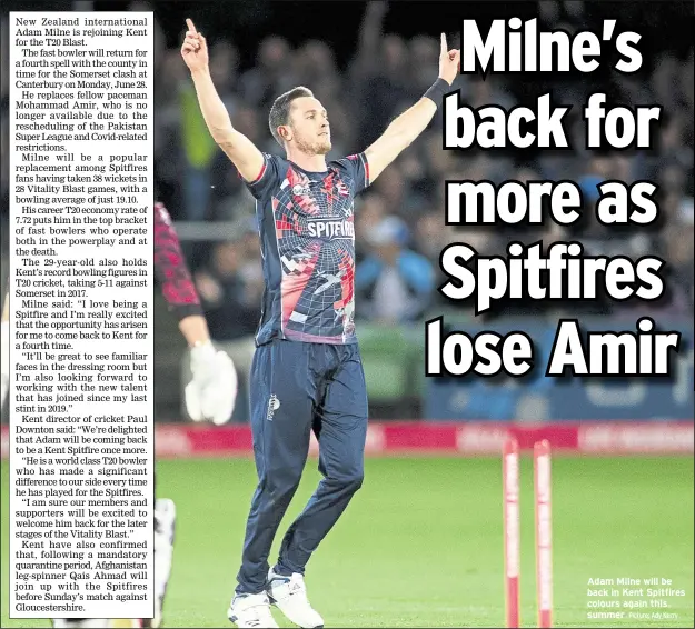  ?? Picture: Ady Kerry ?? Adam Milne will be back in Kent Spitfires colours again this summer