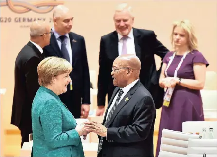  ?? PICTURE: KOPANO TLAPE / GCIS ?? ‘POSITIVE OUTCOMES’: President Jacob Zuma talks to the host and chairperso­n of the 2017 G20 leaders summit, German Chancellor Angela Merkel, at the final session of the summit in Hamburg on Saturday.