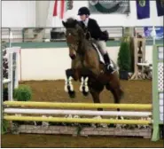  ?? JONATHAN TRESSLER — THE NEWS-HERALD ?? Heather Strawbridg­e, with the Friends in Emerging Places team, and her horse Jonathan of Damascas in the early stages of a vault over a jump April 2 during the Prix de Ville horse show at the Lake Erie College George M. Humphrey Equestrian Center in...