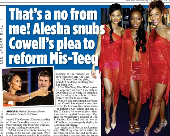  ??  ?? JUDGES: Alesha Dixon and Simon Cowell on Britain’s Got Talent HEYDAY: From left: Alesha, Sabrina and Su-Elise in 2002