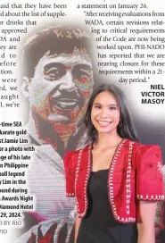  ?? PHOTO BY RIO DELUVIO ?? n Two-time SEA Games karate gold medalist Jamie Lim poses for a photo with the image of his late father in Philippine basketball legend Samboy Lim in the background during the PSA Awards Night at the Diamond Hotel on Jan. 29, 2024.